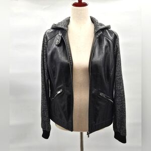 Jason Maxwell Black Faux Leather Women's Marled Gray Hooded Jacket Small